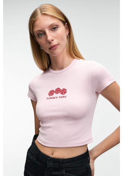 ETHIQUET NOVE E Kadın Bisiklet Yaka Kısa Kollu Önü Baskılı Crop Pembe T-Shirt