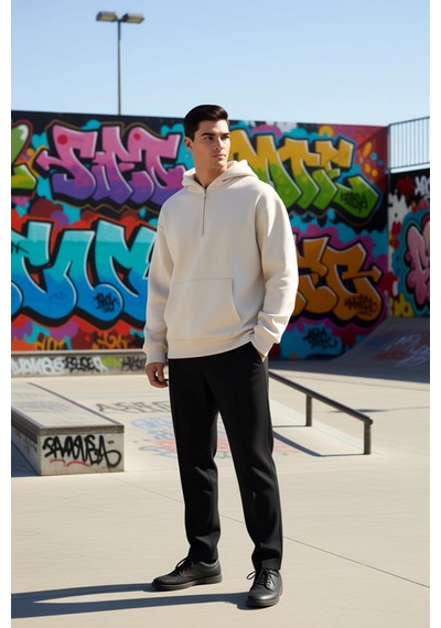 Benerly Erkek Kapüşonlu Fermuarlı Düşük Kol Uzun Kollu Kalıp Sweatshirt F Taş