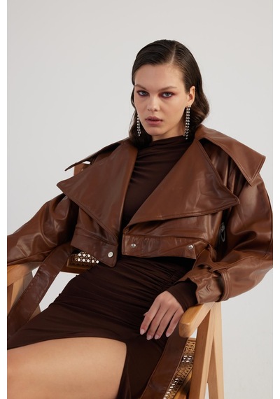 Holly Lolly Crop Model Astarlı Kemerli Neeko Deri Ceket Kahverengi Kahve