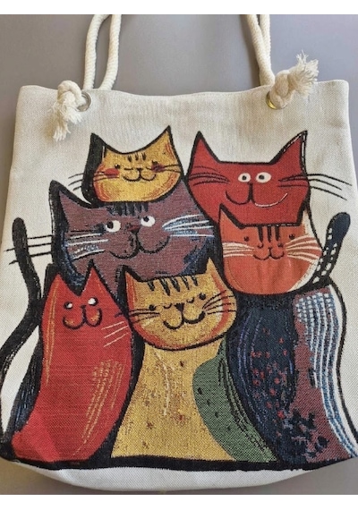Genel Markalar Goblen Kadın Omuz Çantası+ Kedi Desen4 Krem.karışık Renkli Desenli