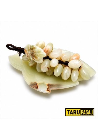 Doğal Oniks Taş Yaprak Tabak & 30 Taneli Üzüm Salkımı Feng Shui Dekor Objesi Bej