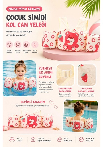 Toyflyer Ayıcık Desenli Kolluklu Çocuk Yüzme Yeleği Gövde Destekli 2-6 Yaş 15-30 Kg Fl005