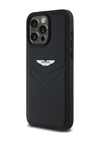 Apple Uyumlu iPhone 15 Pro Max Kılıf Aston Martin Lisanslı Victory Dizayn Deri Metal Logolu Kapak Siyah