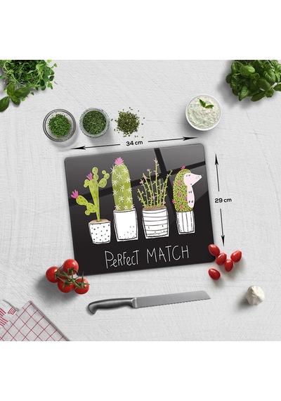 Decorita Cam Kesme Tahtası | Perfect Match-Siyah Fon| 29cm x 34cm