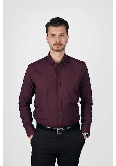 Koyu Bordo Yaka Düğmeli Premium Şamre Slimfit Erkek Gömlek Koyu Bordo