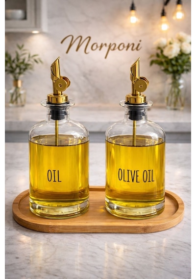 Qerhome Bambu Stantlı 2'li Gold Başlıklı Şeffaf Cam Yağdanlık Seti 500 Ml+500 Ml Oliva Glass Beyaz