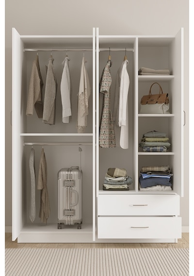 Aeka Ae-1077 Terra 4 Kapaklı 2 Çekmeceli 3 Askılıklı Raflı 140x182x53 Cm Gardırop Beyaz