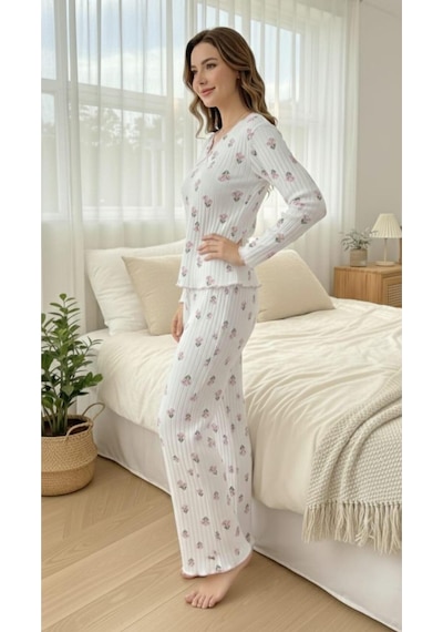 Bella Notte Ekru Minimal Lale Desenli Fiyonk Detaylı V Yaka Pijama Takımı