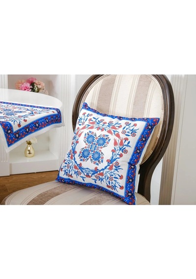 Çini Baskılı Kumaş Kreme Mavi Kırlent Kılıfı 45x45 Cm Ikili - 1436 45 x 45