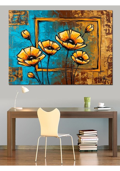 Sarı Çiçekler Çerçeve Sanat Dekoratif Kanvas - Mdf Ahşap Tablo