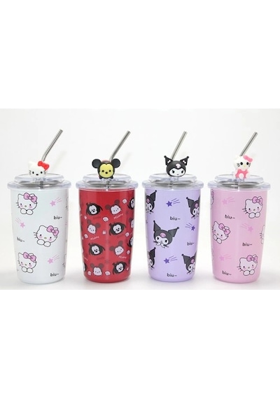 Dodes Sanrio Hello Kitty Ve Kuromi Figürlü Isı Muhafazalı Metal Pipetli Çelik Kupa Çok Renkli