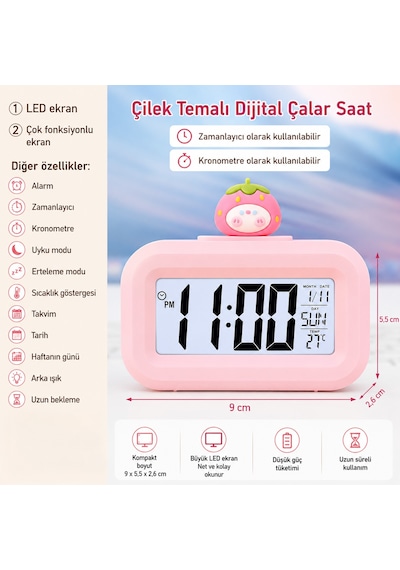 Çilek Temalı Dijital Çalar Saat Led Ekranlı, Çok Fonksiyonlu, Zamanlayıcı Ve Kronometre Özellikli, Sıcaklık, Tarih Ve Hafta Günü Göstergeli Masa Saati Renkli