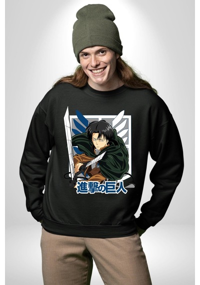Anime Levi Ackerman Siyah Ve Siyah Kanatlar Unisex Siyah Sweatshirt Siyah