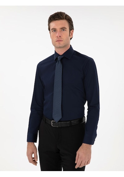 Cacharel Lacivert Slim Fit Pamuklu Yarım İtalyan Yaka Basic Gömlek