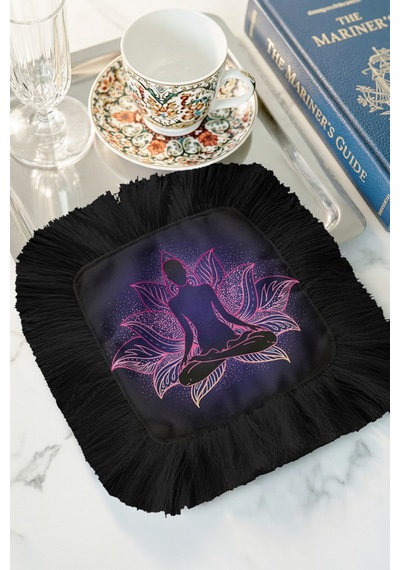 Lotus Mandala Aura Saçaklı Sunum Peçetesi - Meditasyon Temalı Bohem Mor Siyah Bardak Altlığı Mendil Çok Renkli