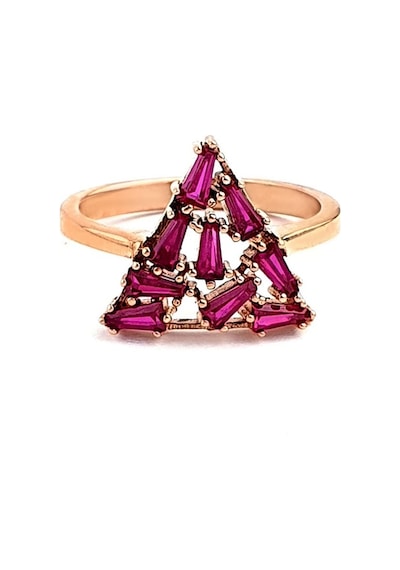 Pembe Baget Zirkon Taşlı 925Ayar Gümüş Rose Üçgen Yüzük 13
