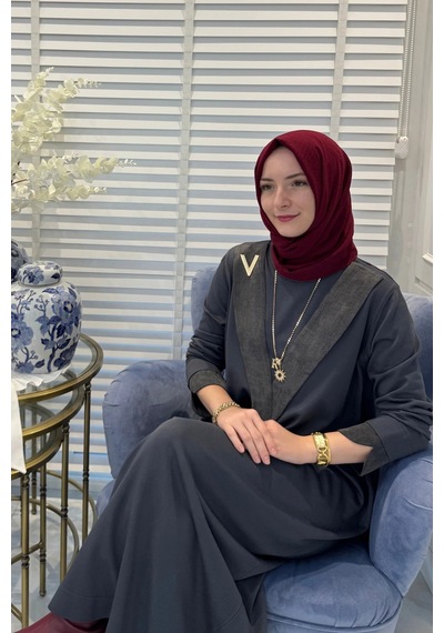 Rabia Şamlı Venüs Cupra Detaylı Triko Elbise Antrasit Normal