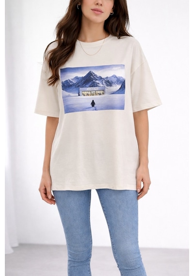 Soft&Basic Kadın %100 Organik Pamuk Baskılı Bisiklet Yaka T-shirt Beyaz