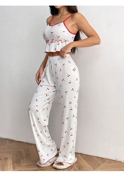 Gazaniga Kadın Beyaz Likralı Desenli Askılı Gecelik Pijama Takımı Chery