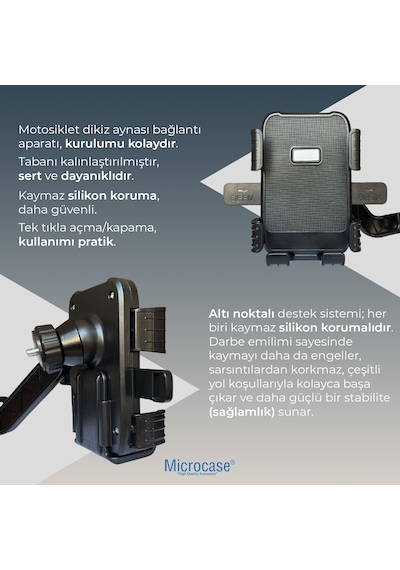 Microcase Motosiklet Telefon Tutucu - Ayna Bağlantılı, 360 Dönebilen Tek Tık Kilitlemeli Sarsıntı Önleyici - Al5743 Siyah