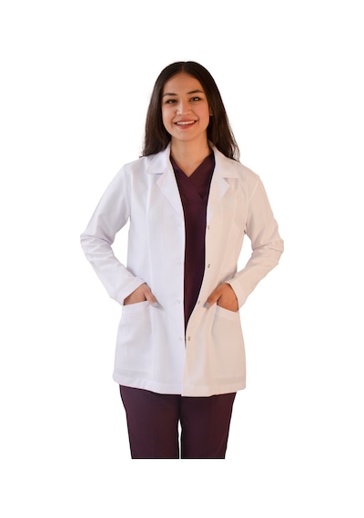 Vayteks Gömlek Yaka Ceket Boy Beyaz Kadın Doktor Öğretmen Laboratuvar Önlüğü Beyaz