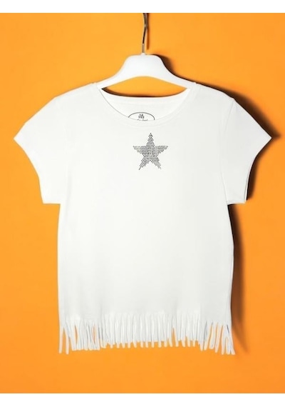 Escabel Kız Çocuk Pamuklu Taşlı Yıldız T-shirt-15713 Ekru