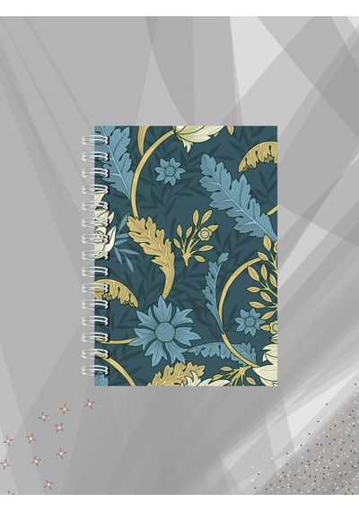 Koyu Mavi Botanik Desenli Defter 60 Yaprak / 120 Sayfa Çizgisiz Tel Spiralli Çok Renkli