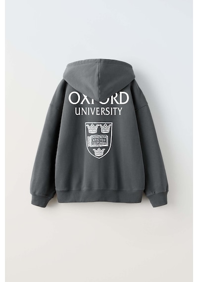 Erkek Çocuk Oxford Modelli Kol Manşetli Pamuk Kapşonlu Sweat Füme