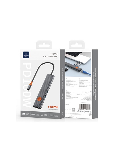 Wiwu Wi-hb005 Travel Serisi 5in1 Hdmı 4k 60hz Rj45 + 100w Pd Type-c Hub Bağlantı İstasyonu Gri