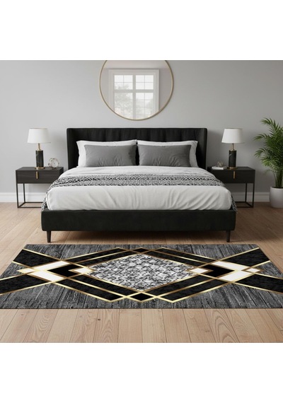 Gri Ve Altın Renklerde Modern Geometrik Desenli Dijital Baskılı Halı Kaymaz Tabanlı, Üçgen Ve