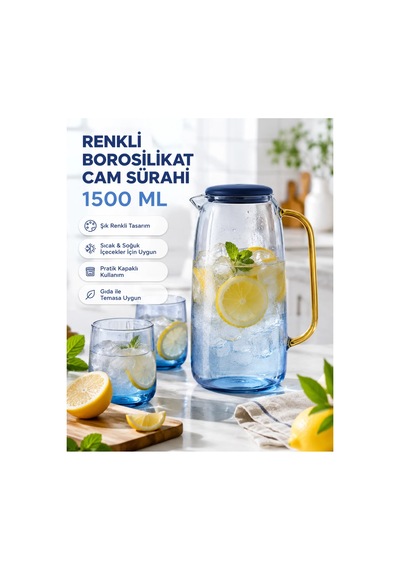 Cambu Renkli Borosilikat Cam Sürahi 1500 Ml Kapaklı, Kulplu Su Ve Soğuk İçecek Karafı