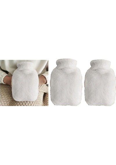 Sıcak Su Torbası 2 Adet,yan Cepli Beyaz Peluş Termofor 27x17x2cm 750ml Beyaz