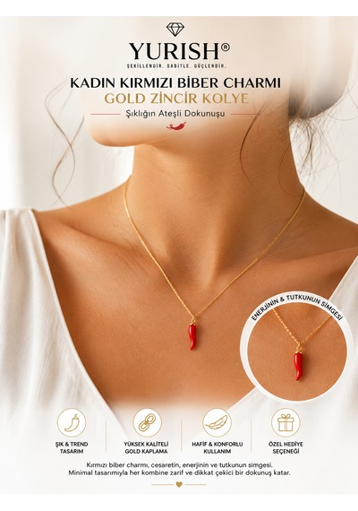 Kadın Kırmızı Biber Charmı Gold Zincir Kolye 0143 - Kırmızı