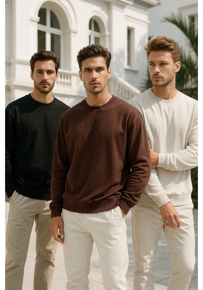 Rich Erkek 3'lü Paket Siyah - Kahverengi - Krem Bisiklet Yaka Scuba Sweatshirt Siyah