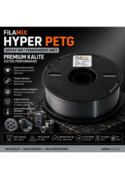 Filamix Hyper Petg Şeffaf Gri Filament 1.75mm 1kg Plastik Makara