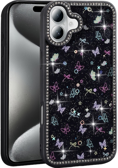 Apple Uyumlu iPhone 16 Kılıf Taşlı Ve Simli Tasarım Zore Azra Kapak Siyah