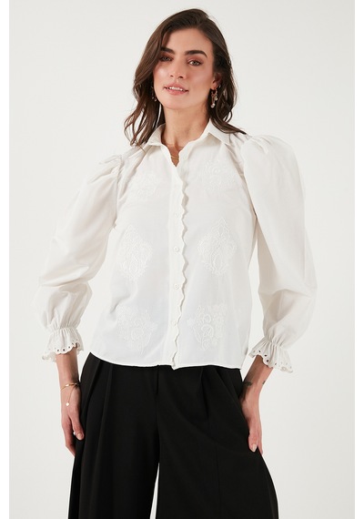 Lela Pamuklu Slim Fit Nakışlı Balon Kol Bayan Gömlek 676208 Ekru