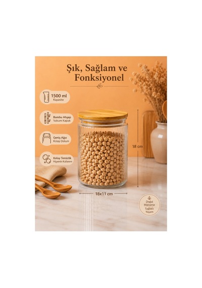 3'lü Çizgili Kolay Temizlenebilen Geniş Ağızlı Cam Bakliyat Ve Erzak Saklama Kavanozu Seti 1500 Ml Şeffaf
