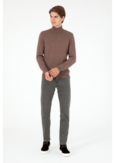 U.S. Polo Assn. Erkek Slim Fit Boğazlı Yaka Vizon Melanj Basic Kazak 50288884-VR174
