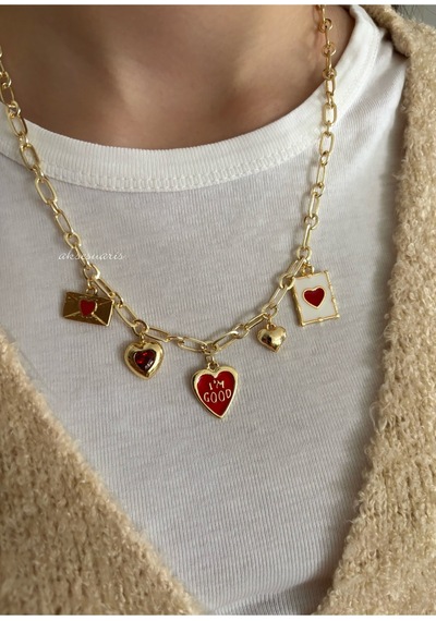5'li Kırmızı Temalı Charm Love Kolye Altın Altın