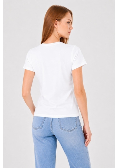 Sortie Collection Kadın V Yaka Tül Detaylı Pamuklu Basic Tişört Ekru