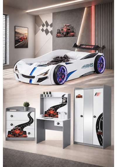 Formula Genç Odası, 3 Kapılı Dolap, Merso Full Ledli Arabalı Yatak, Masa, Şifonyer - Beyaz Formula Genç Odası, 3 Kapılı Dolap, Merso Full Ledli Arabalı Yatak, Masa, Şifonyer - Beyaz