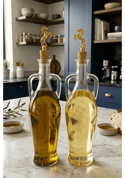 2'li Amfora Model At Mantar Tıpalı Cam Yağ Şişesi - 750ml. Şeffaf Sirke Limon Suyu Şişesi - Altın Şahlanan At Şeffaf