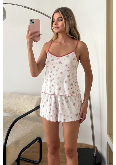 Giysa Kadın Askılı Çiçek Desenli Şortlu Pijama Takımı Pembe Çiçek - 3300