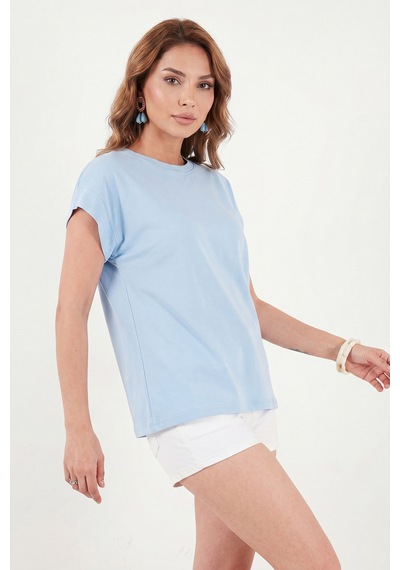 Lela Pamuklu Rahat Kalıp Bisiklet Yaka T Shirt Bayan T Shirt 5866955 Bebe Mavi