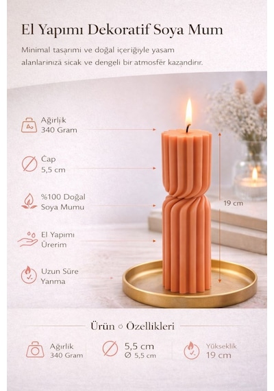 Dekoratif Lüks Soya Mum, El Yapımı Doğal Mum, Uzun Yanma Süreli Ev Hediyesi, Ev Süsü Turuncu 340 G Turuncu