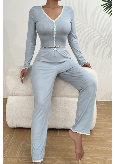 Merry See Önden Düğmeli Uzun Kollu Şık Pijama Takımı Mavi