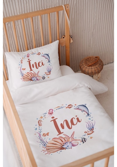%100 Pamuk Saten Isme Özel Isimli 100x150 Bebek Yatak Nevresim Seti Denizkabuğu Ve Yunus