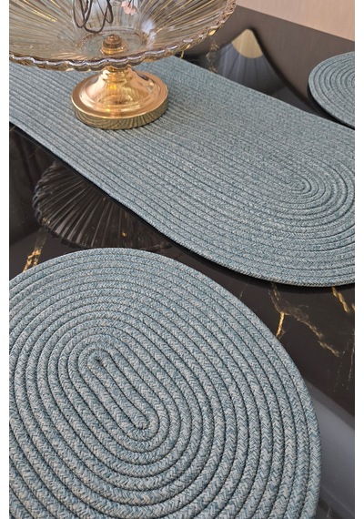 6 Lı Oval Supla 1 Runner 1 Dekoratif Ekmek Sepeti Seti Desenli Sunumluk Yemek Takımı Turkuaz