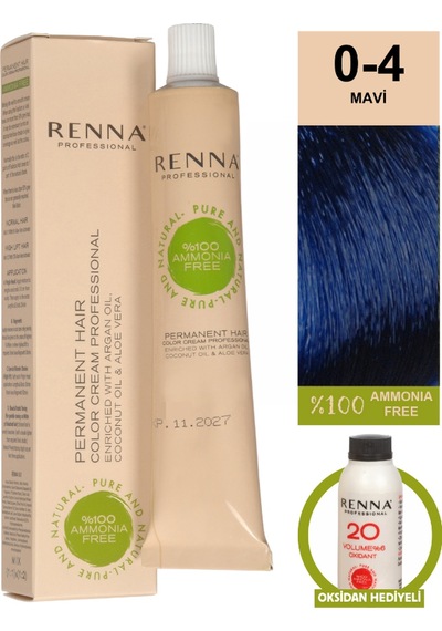 Renna Bitkisel Amonyaksız Saç Boyası 60 Ml 0-4 Mavi Oksidan Hediyeli